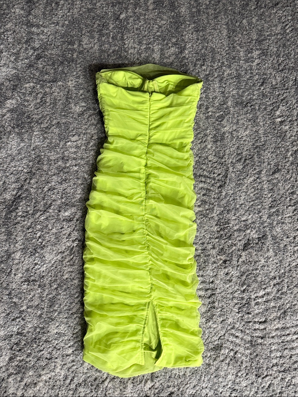 Oh Polly Neon Lime Strapless Ruched Bodycon Midi Dress - Picture 7 of 8